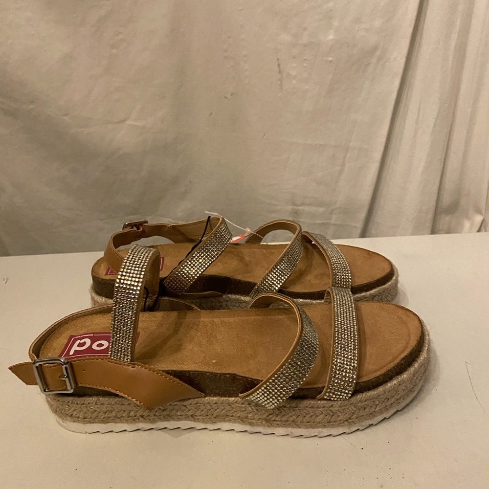 PoP rhinestone strap sandals with ankle straps 1” heels size 10 NWT
